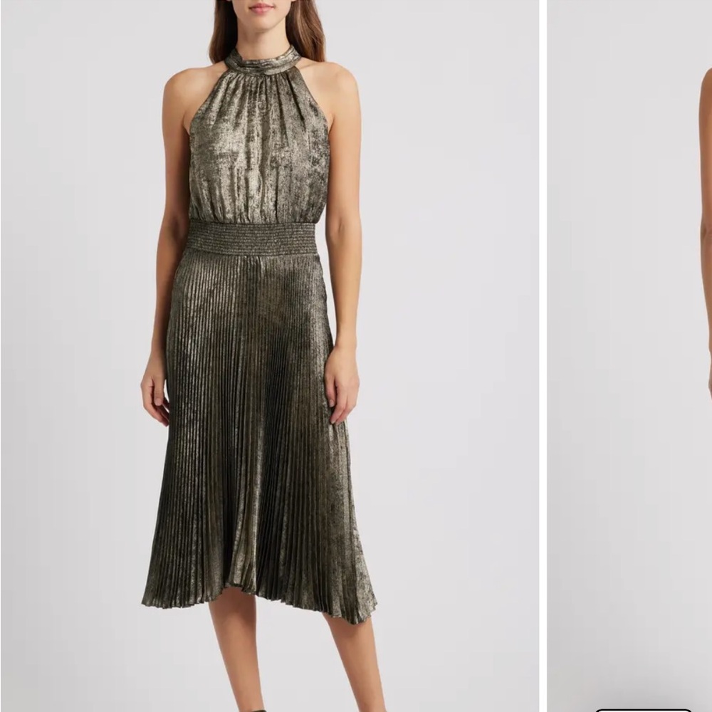 Vince Camuto Halter Neck Metallic Pleated High-Low Dress |